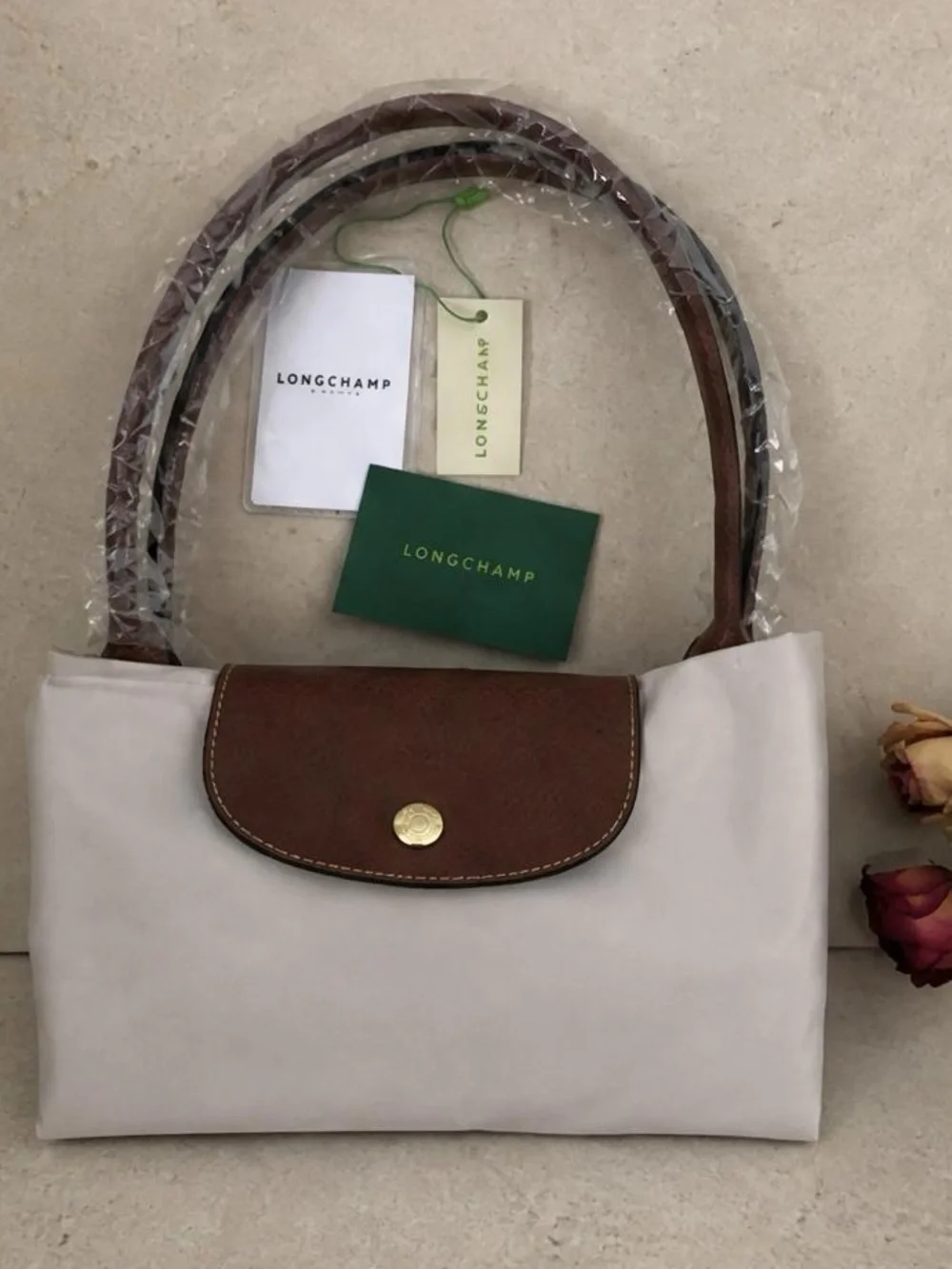 Longchamp Light Gray Tote with Brown Leather Trim